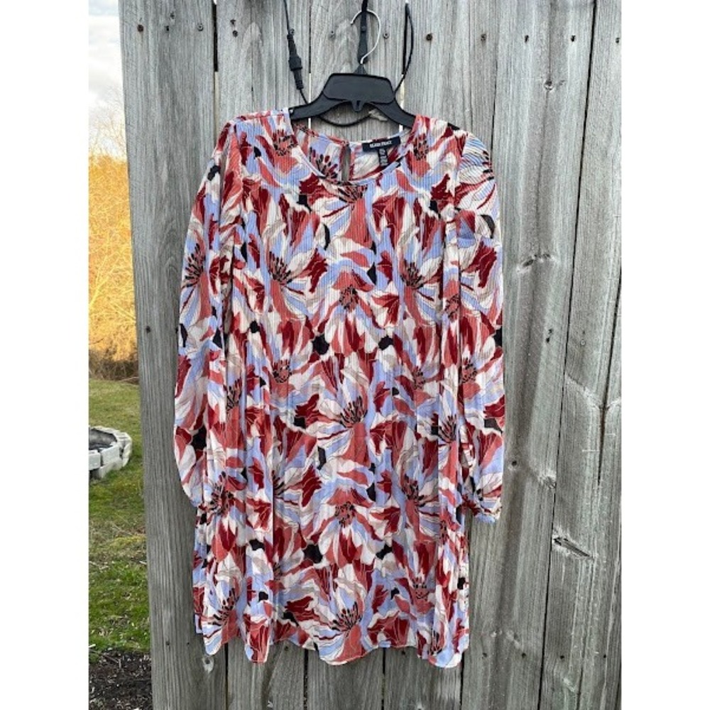 Ellen‎ Tracy Floral Plisse Pleated Mini Dress Red Blue Long Sleeve Small